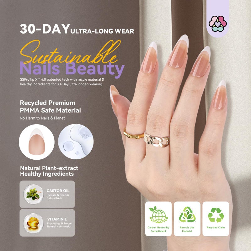 SAVILAND Press On Nails For Women: 4-In-1 French Tip Press On Nails Acrylic 15 Sizes Press On Nails Almond Medium Strong Nail Glue for Press Ons U V Light Nail Glue Remover A-F Primer French Tip Tool - Image 3